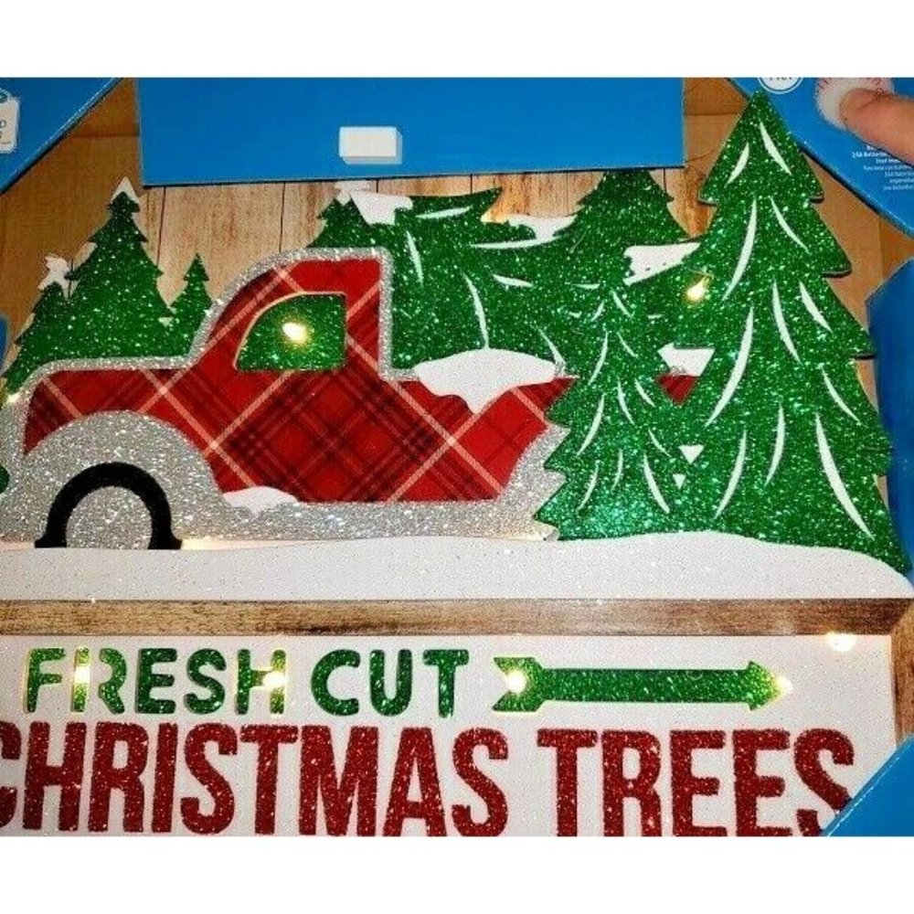 Led Lighted Sign Glitter Wood Christmas Red Truck Fresh Cut Christmas Trees